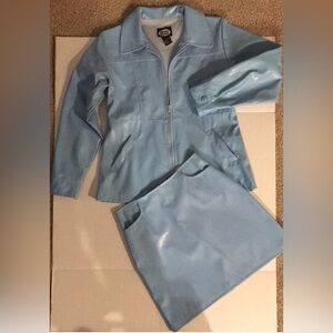 💙Retro Rave Girl sky blue leather Lined jacket & skirt matching  set- Sz Medium